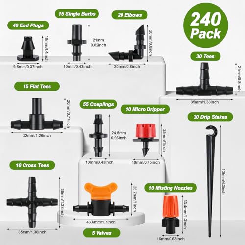 RedChili 240 Pack Drip Irrigation Fittings Kit for 1/4" Tubing, Include Misting Nozzles, Drippers, Stakes, Flat Tees, Single Barbs, Couplers, Valves, Tees, Elbows, Plugs, Crosses for Garden Irrigation - size: 1/4" Connection Kit-240P
