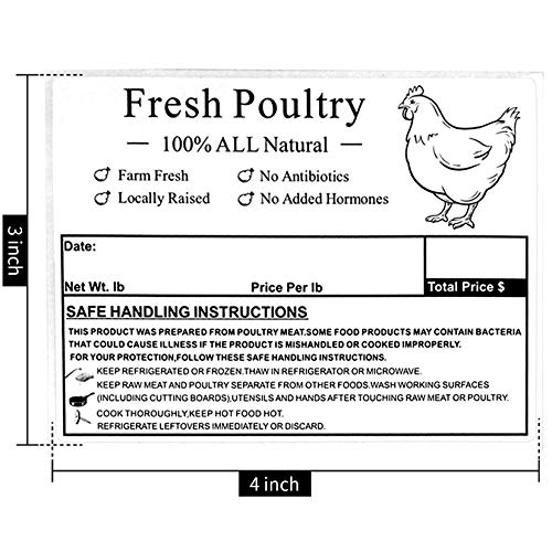 Poultry Freezer Labels 4x3 Inches 50 Pcs | with Handling Instructions Exemption