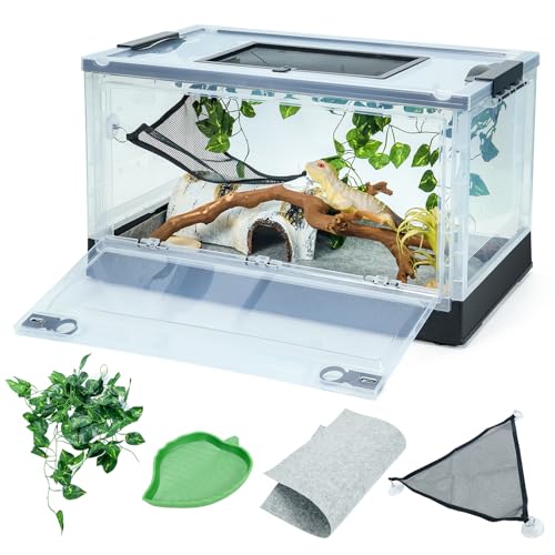 22" Foldable Mesh Reptile Terrarium for Bearded Dragon & Gecko | High-temp resistant mesh; foldable design for portability. Clear panels allow 360° views. Fits lizards, geckos & iguanas - color: Black, size: Large (22"x12.6"x12.2")