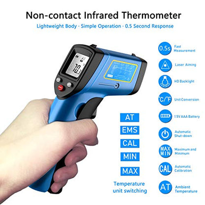 RISWOJOR Infrared Thermometer Cooking Digital Temperature Gun，Adjustable Emissivity &MAX/MIN/at/Cal Temp Gun; -58°F~752°F(-50°C～400°C) IR Laser Thermometer Gun for Industrial,Kitchen/Ovens/Grill