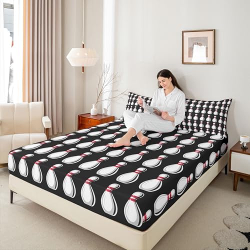Erosebridal Bowling Ball Bed Sheets White Black Fitted Sheet Twin Size,Sport Balls Sheets for Kids Boys Girls Adults Bowling Pins Print Bed Set - color: Black Red White, size: Twin (No Top/Flat Sheet)