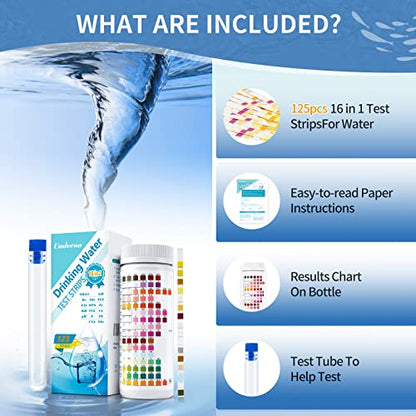 16 in 1 Water Test Kit with 125 Test Strips for Home Water Quality Testing | Drinking Water Test Strips, Well and Tap Test Kit for pH, Hardness, Chlorine, Lead, Iron, Copper, Nitrate, Nitrite, etc - size: 16 IN 1