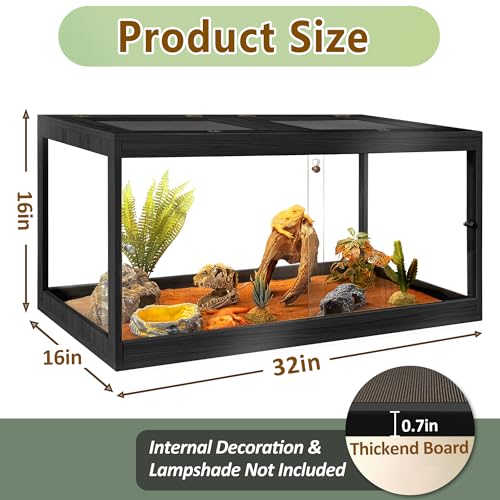 Bearded Dragon Tank 34 Gallon, Tempered Glass Reptile Tank with Meatl Mesh Roof and Front Sliding Door, Anti-Scratch Lizard Tank, Spacious Reptile Enclosure for Snakes,Lguanas (Black) - color: Black, size: 34Gallons，32"x16"x16"