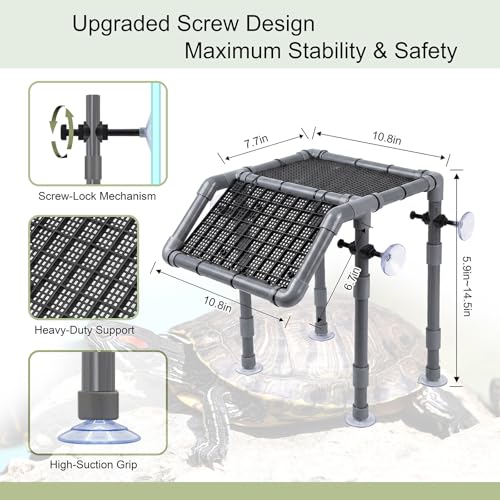 Standing Turtle Basking Platform, 10.8" Wide for Aquarium | Adjustable Height 5.9-14.5", Fits 20-55 Gal, Screw-Fixed Suction Cups, Grass Mat, Feeding Bowl & Brush, - size: 10.8'' W