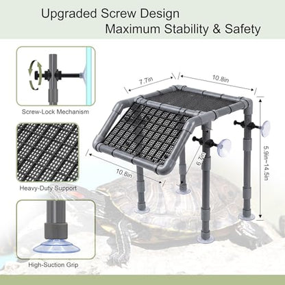 Standing Turtle Basking Platform, 10.8" Wide for Aquarium | Adjustable Height 5.9-14.5", Fits 20-55 Gal, Screw-Fixed Suction Cups, Grass Mat, Feeding Bowl & Brush, - size: 10.8'' W