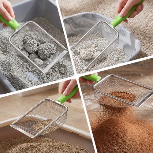 Stainless Steel Reptile Sand Substrate Scoop (Green, 11 Inch) | Mesh Litter Shovel, Fine Mesh Metal Reptile Litter Cleaner Scooper, Litter Cleaner Corner Scoop Sand Sifter for Sands Waste