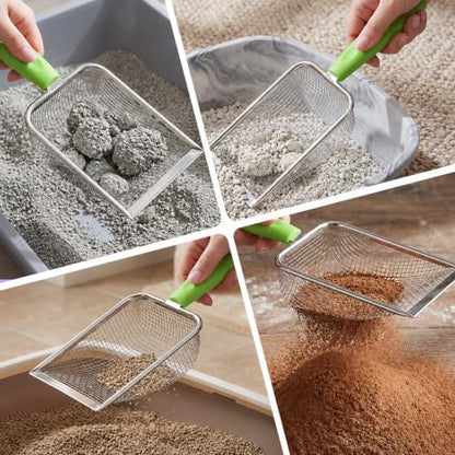 Stainless Steel Reptile Sand Substrate Scoop (Green, 11 Inch) | Mesh Litter Shovel, Fine Mesh Metal Reptile Litter Cleaner Scooper, Litter Cleaner Corner Scoop Sand Sifter for Sands Waste