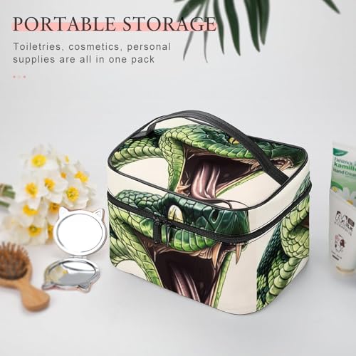 Green Snake Makeup Bag Cosmetic Case Organizer Box | portable handle,divider for skincare and brushes,large capacity,PU leather
