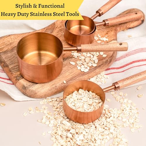 Copper Stainless Steel Measuring Cups and Spoons Set of 8, Wooden Handle with US and Metric Measurements