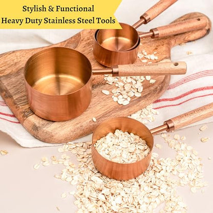 Copper Stainless Steel Measuring Cups and Spoons Set of 8, Wooden Handle with US and Metric Measurements
