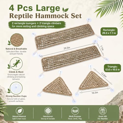 Dansydaisy 4 Pcs Reptile Hammock Bearded Dragon Tank Accessories, Woven Lounger with Strong Suction Cups, 2 Rectangle (29.5" x 7.1") and 2 Triangle (12.6" x 16.5") Climbing Beds for Geckos Iguanas - size: 29.5" X 7.1"，12.6" X 16.5"