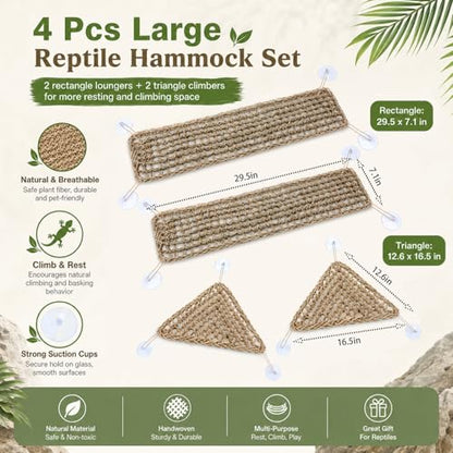 Dansydaisy 4 Pcs Reptile Hammock Bearded Dragon Tank Accessories, Woven Lounger with Strong Suction Cups, 2 Rectangle (29.5" x 7.1") and 2 Triangle (12.6" x 16.5") Climbing Beds for Geckos Iguanas - size: 29.5" X 7.1"，12.6" X 16.5"