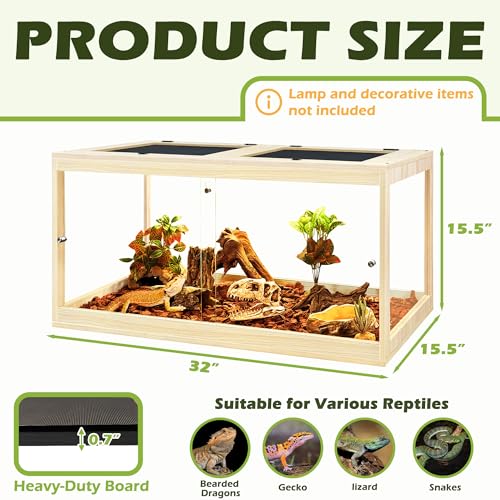 35 Gallon Bearded Dragon Tank, 32 x 16 x 16 Inch Tempered Glass Reptile Enclosure with Metal Mesh Top, Lockable Sliding Front Doors, Large Lizard and Snake Terrarium, Oak - color: Oak, size: 35 Gallon (32x15.5x15.5 Inch)