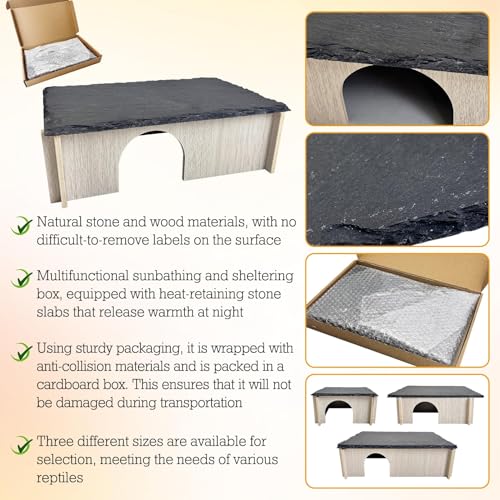 PINVNBY Bearded Dragon Basking Platform, Wood Reptile Hides and Caves, Crested Gecko Hide with Slate Rock, Leopard Gecko Tank Accessories for Small Lizard Snake (M: 9.84x5.9x2.76 inches) - size: M: 9.84x5.9x2.76 inches