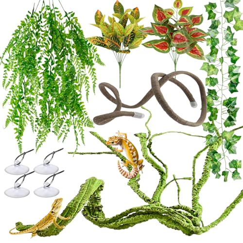 Reptile Vines, Reptile Plants for Bearded Dragon Tank Accessories | Chameleon Cage Accessories, Flexible Jungle Climbing Vines, Terrarium Fake Plants Habitat Decor for Chameleon, Lizards, Gecko