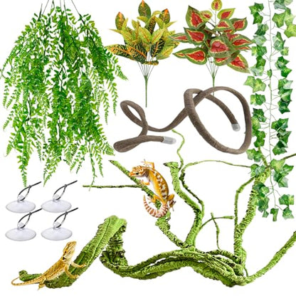 Reptile Vines, Reptile Plants for Bearded Dragon Tank Accessories | Chameleon Cage Accessories, Flexible Jungle Climbing Vines, Terrarium Fake Plants Habitat Decor for Chameleon, Lizards, Gecko