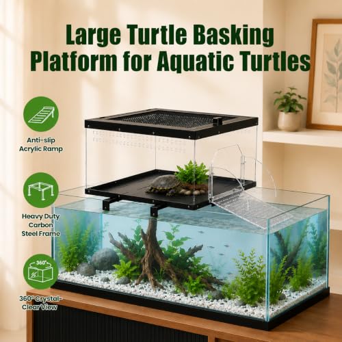 Extra Large Turtle Basking Platform for Aquatic Turtles with Turtle Brush | Stainless Steel Turtle Dock with Non-Slip Acrylic Ramp, Flip-Open Lid ,Escape-Proof, Fits 15-25" Wide Aquariums Tank