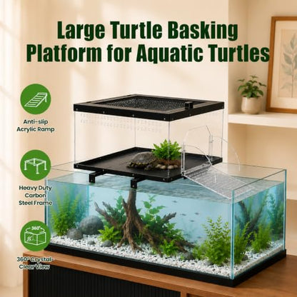 Extra Large Turtle Basking Platform for Aquatic Turtles with Turtle Brush | Stainless Steel Turtle Dock with Non-Slip Acrylic Ramp, Flip-Open Lid ,Escape-Proof, Fits 15-25" Wide Aquariums Tank