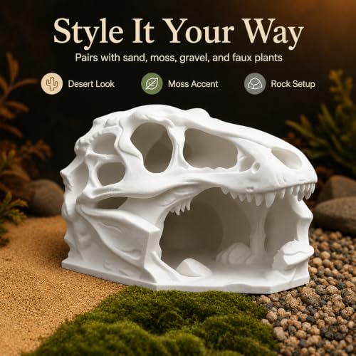 3D Printed Reptile Hide Skull Cave, T Rex Head Terrarium Decor for Leopard Gecko Juvenile Corn Snake Lizard Habitat, White Accent for Small Pets, 3.94 in