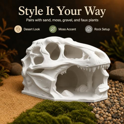 3D Printed Reptile Hide Skull Cave, T Rex Head Terrarium Decor for Leopard Gecko Juvenile Corn Snake Lizard Habitat, White Accent for Small Pets, 3.94 in
