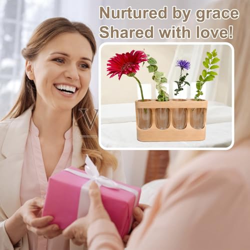 Plant Propagation Station with Wooden Stand, Gardening Gifts for Plant Lovers, 9-Level Dimmable LED Light 4 Glass Test Tubes Vases for Hydroponic Plants - Desktop Terrarium for Home Decor