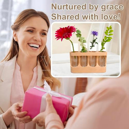 Plant Propagation Station with Wooden Stand, Gardening Gifts for Plant Lovers, 9-Level Dimmable LED Light 4 Glass Test Tubes Vases for Hydroponic Plants - Desktop Terrarium for Home Decor