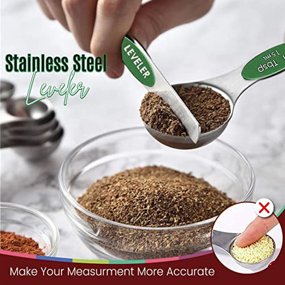 Magnetic Measuring Spoons Set of 9 Stainless Steel Dual-Sided Stackable Measuring Spoon Nesting Teaspoons Measuring Dry and Liquid Ingredients, Fits in Spice Jars Set of 9 (Green) - color: Green