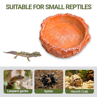 2-Pack Reptile Water Dish for Bearded Dragon Tortoise Gecko | Anti-tip shallow rock texture feeder. Non-porous hermit crab waterer, juvenile snake mealworm plate & terrarium accessories.