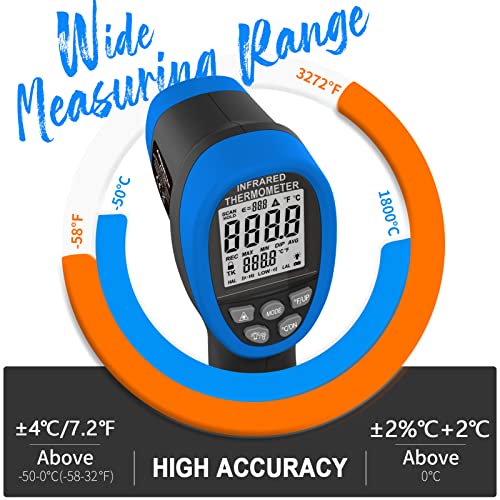 AIOMEST AI-1800 Digital Pyrometer DS 50:1, Touchless Infrared Thermometer Gun for High Temperature Non Contact Measuring -58~3,272℉,Handheld IR Laser Gauge for HVAC Kiln Cooking (NOT for Human Temp)