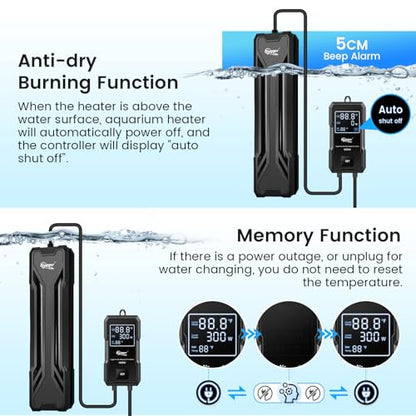 hygger 1000W Aquarium Heater, Upgraded Submersible Fish Tank Heater | Dual Protection System & LED Digital Display, Automatic Power-Off Function, for 130-260 Gal Freshwater and Saltwater Tank - size: Black-1000W for 130-260 Gallon