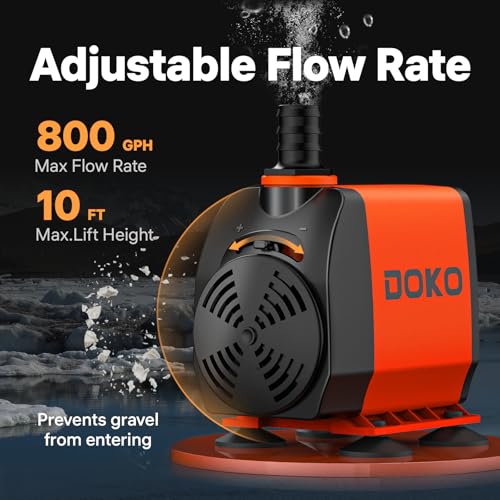 DOKO 800GPH Submersible Water Fountain Pump for Pond, Aquarium, Hydroponic | 3000L/H 60W Ultra Quiet Water Pump with 10ft Lift, Adjustable Flow, 6FT Power Cord & 3 Nozzles for Waterfall, Statuary - size: 60W 800GPH