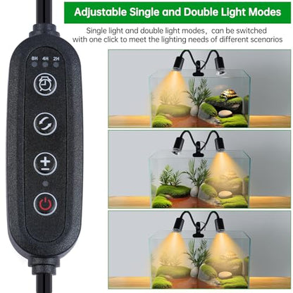 LUCKY HERP Reptile Heat Lamp, Dual Head UVA UVB Reptile Light with Cycle Timer, 360°Rotatable Dimmable Aquarium Turtle Tank Basking Light with 4 Bulbs (2PCS 25W and 2PCS 50W) - size: 25+50