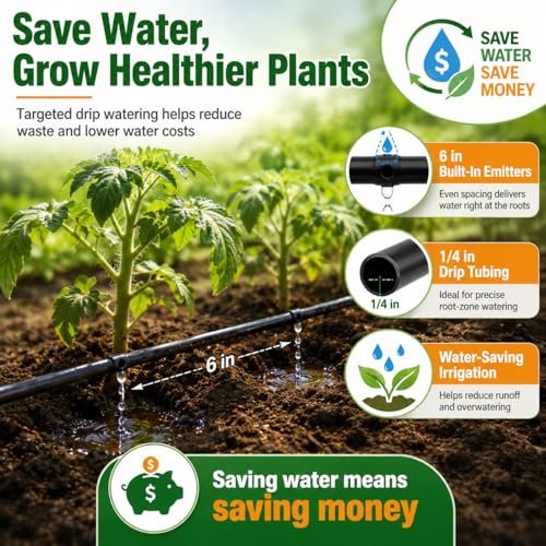 1/4 Drip Irrigation Tubing 200FT, Built-in 0.5 GPH Emitters, 6 Inch Spacing | Slow root-zone watering helps reduce runoff and waste; fittings and end plugs support larger beds, long rows and greenhouses. - size: 200FT