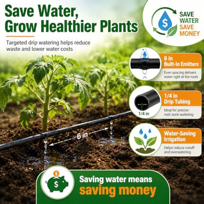 1/4 Drip Irrigation Tubing 200FT, Built-in 0.5 GPH Emitters, 6 Inch Spacing | Slow root-zone watering helps reduce runoff and waste; fittings and end plugs support larger beds, long rows and greenhouses. - size: 200FT