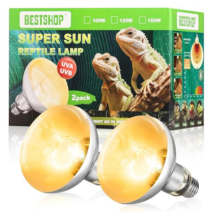 Heat Lamp Bulbs, 125 Watts UVA UVB Reptile Heat Bulb, 2 Pack | Full Spectrum, Basking Spot Light, Simulate Natural Sun Light, For Reptile and Amphibian, Silver