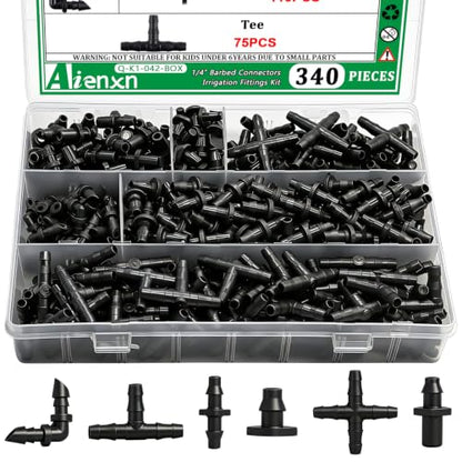 340PCS 1/4" Drip Irrigation Kit Barbed Connectors, Straight Barb, Tee, Single Barb, End Plug, Elbow, 4 Way Coupling Irrigation Fittings for Garden Lawn Flower Pot - size: 340PCS- Barbed Connectors