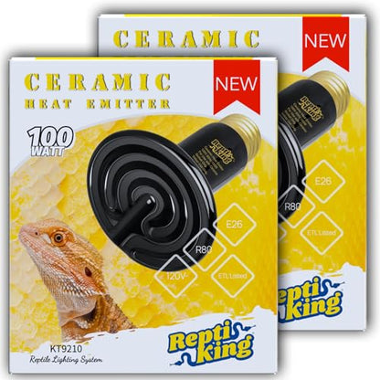 Ceramic Heat Emitter, 2-Pack 100W, Reptile Heat Lamp Bulbs, Ceramic Heating Bulb for Reptiles, Amphibian, Chick, Dog, Snake Leopard Gecko Bearded Dragon Heat Lamp