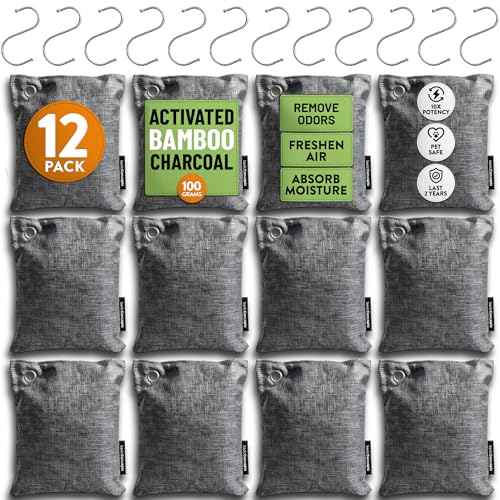 Activated Bamboo Charcoal Odor Absorber Bags for Strong Odors - 12 Pack Large 100g Air Purifying Bags, Natural Activated Charcoal Deodorizer for Shoes, Closet, Car, Gym Bag, Bathroom & Home - style: 12 x 100g