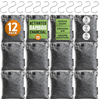 Activated Bamboo Charcoal Odor Absorber Bags for Strong Odors - 12 Pack Large 100g Air Purifying Bags, Natural Activated Charcoal Deodorizer for Shoes, Closet, Car, Gym Bag, Bathroom & Home - style: 12 x 100g
