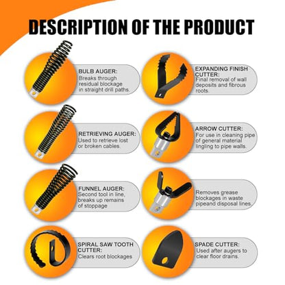 8-Piece Drain Snake Drill Attachment, Cutter and Auger Set, Compatible with 50FT-100FT Drain Cleaning Machines, Fits 5/16-inch to 3/4-inch Drain Snake Cables