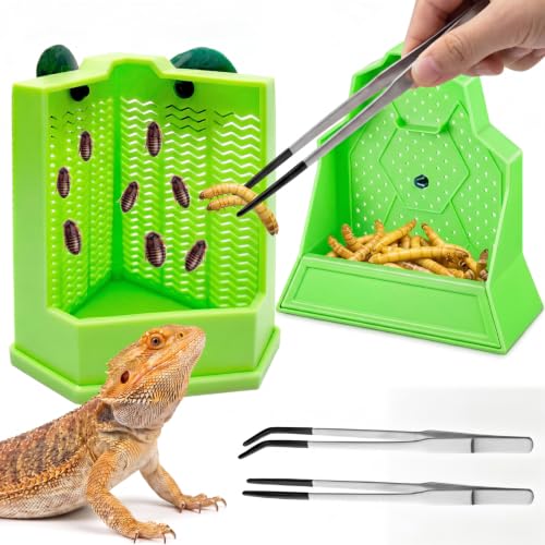 Reptile Feeder Combo Set, 2 Pack Escape-Proof Corner & Wall-Mounted Bowls with 2 Pack 10.6" Stainless Steel Straight & Curved Tongs with Rubber Tips for Bearded Dragon Gecko Lizard Frog