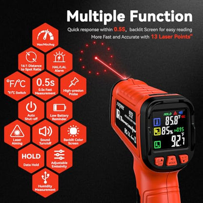 Infrared Thermometer Temperature Gun -58°F to 1796°, 16:1 Non Contact Laser Thermometer Gun with Thermocouple Probe for Humidity, Pizza Oven, Griddle, Ir Temp Gun for Home and Industry Repair - color: -58°F to 1796°F, Orange