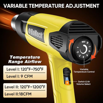 1500W Heavy Duty Heat Gun, Variable Temperature Control Hot Air Gun Kit with 2 Air Flow 120°F~1200°F and 4 Nozzles for Crafts Shrink Wrap (Yellow) - color: Yellow
