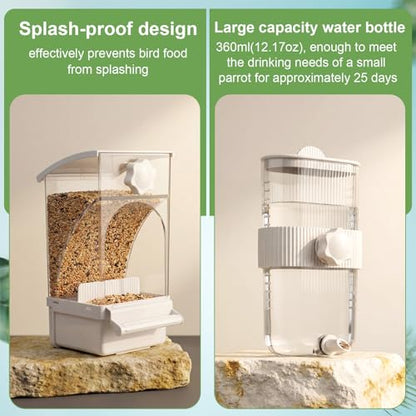 Novabright No Mess Bird Feeder Water Dispenser Set, Automatic Transparent Bird Food Container and 12 oz Automatic Water Feeder for Small Birds Parrot, Cockatoo, Canary, Cage, Lovebird, Budgies(White) - color: White