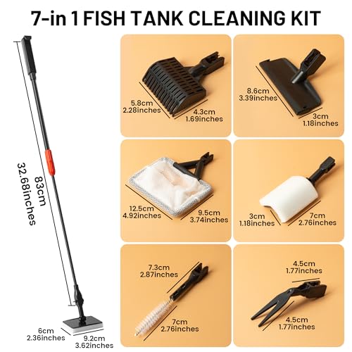 Aquarium Glass Cleaner, 7 in 1 Algae Remover for Fish Tank, Aquarium Cleaning Kit with Long Handle, Aquarium Net, Algae Scraper, Sponge Brush
