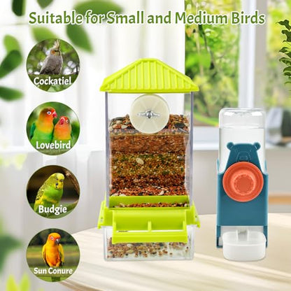 Rypet No-Mess Bird Feeder and Water Dispenser Set for Small Birds | Automatic Bird Feeder, Transparent Acrylic Food Container, Helps Reduce Seed Scatter, for Parakeet Cockatiel Parrot Canary - color: A80 Green Feeder + Drinking Bottle