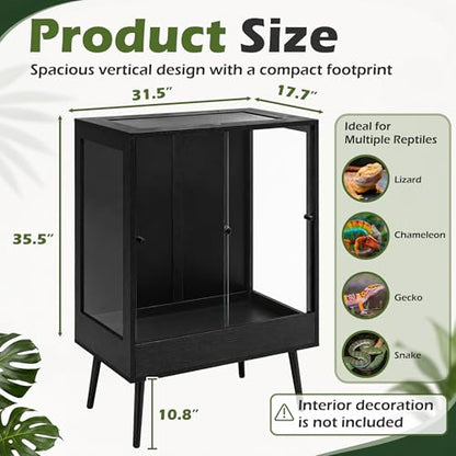 32" x 18" x 36" Tall Reptile Terrarium with Leg Stand, 90 Gallon Vertical Glass Chameleon Cage with Front Opening Doors, Ventilated Mesh Top, Rainforest Habitat for Arboreal Reptiles, Black