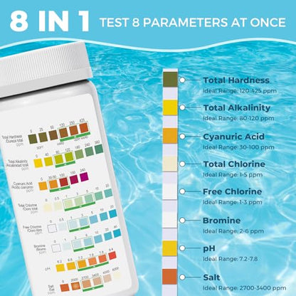 Salt-Water Pool Test Strips Kit: 125 Counts 8-in-1 for Salt Water Pool Testing Kit, Salt Pool Test Strips for Hot Tub Spa Testing Salt Chlorine pH and More - size: 125 Strips