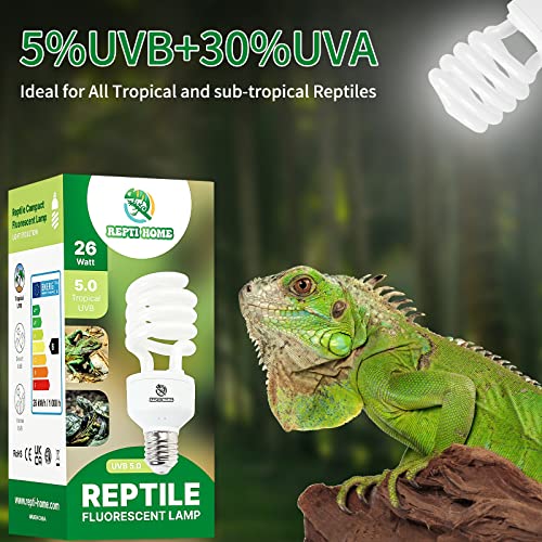 UVB Reptile Light 5.0, 26W Tropical and Sub-Tropical UVA UVB Bulb for Reptiles, Tropical Terrarium Compact Fluorescent Lamp, Reptile UVB Light Bulb for Chameleons, Iguanas, and Turtles - size: 5.0-26