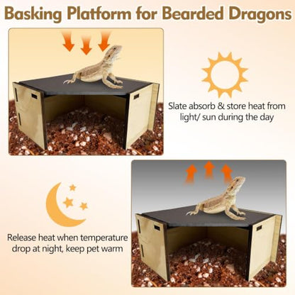PINVNBY Large Bearded Dragon Basking Platform Wooden Snake Hide Ball Pythons Hide with Slate Rock Leopard Gecko Tank Accessories for Crested Gecko Chameleon(Triangle: 12.6 x 9.84 x 4.53 inches)